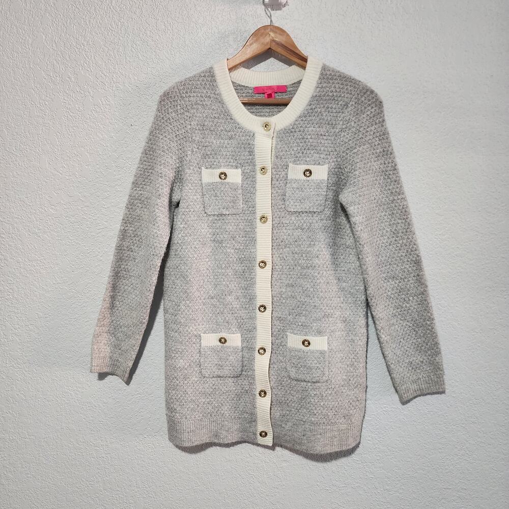 Lilly Pulitzer Tweed Knit Gray Long Cardigan Sweater Button Front Small Preppy
